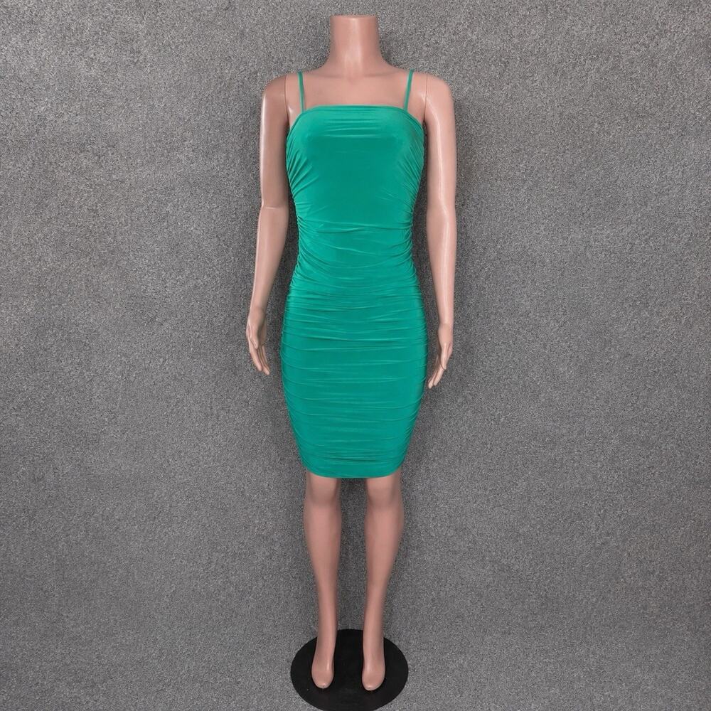 Uptown Womens Small Green Bodycon Dress Spaghetti Strap Side Ruched Lined NWOT
